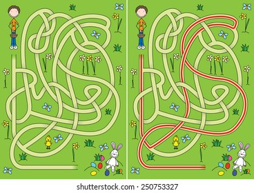 Egg hunt maze for kids with a solution