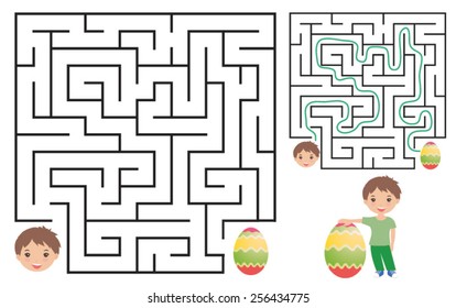 Egg hunt maze for kids with a solution. Vector illustration