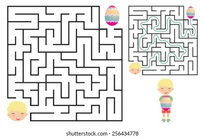 Egg hunt maze for kids with a solution. Vector illustration