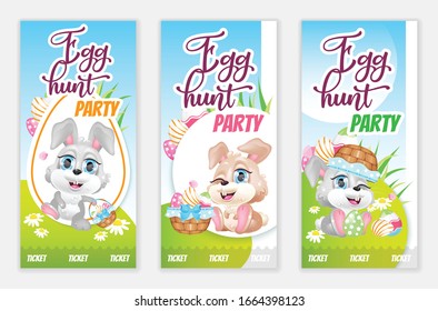 Egg hunt party tickets, free flyers flat vector templates set. Easter holiday celebration event printable leaflet design layout. Pascha advertising web vertical banner with bunny, social media stories
