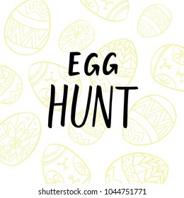 Egg hunt postcard design with painted eggs line art and modern calligraphy.