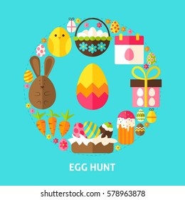 Egg Hunt Postcard. Poster Design Vector Illustration. Collection of Spring Easter Holiday Objects.