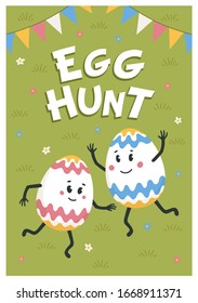 Egg hunt poster. Colored eggs with cute faces dancing on a green lawn. Easter eggs friends with funny faces. Egg hunt. Flat style vector illustration