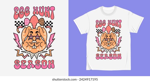 Egg hunt season 90s Retro easter groovy cartoon character, easter t shirt design vector. Hippie easter illustration for print