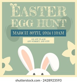 Egg hunt square template invitation, card, poster with lettering. Cute retro vector illustration with bunny ears, flowers and eggs. 