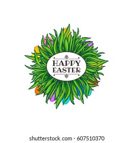 Egg hunt vector cartoon illustration. Easter game. Greeting or invitation card design element. Painted Paschal eggs and green grass in circle. Retro styled text