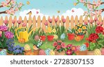 An egg hunt in the yard. A beautiful garden with lots of flowers and hidden Easter eggs. A game for kids. An Easter card.