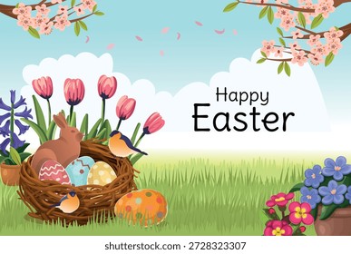  Una cacería de huevos en el patio. Un hermoso jardín con un montón y una composición con un nido de huevos de Pascua y un conejo de chocolate. Huevos de Pascua. Una tarjeta de Pascua. Una postal con espacio para texto.