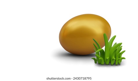 Egg hunting concept. Golden egg near green grass. Festive Easter composition