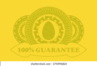 egg icon and 100% Guarantee text Yellow stroke emblem. Lemon chic background. Illustration. 