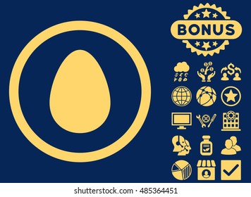 Egg icon with bonus images. Vector illustration style is flat iconic symbols, yellow color, blue background.