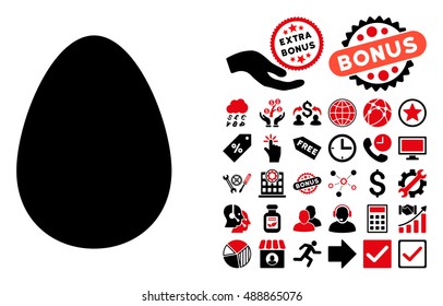 Egg icon with bonus images. Vector illustration style is flat iconic bicolor symbols, intensive red and black colors, white background.