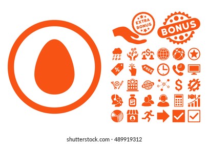 Egg icon with bonus pictures. Vector illustration style is flat iconic symbols, orange color, white background.