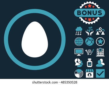 Egg icon with bonus symbols. Vector illustration style is flat iconic bicolor symbols, blue and white colors, dark blue background.