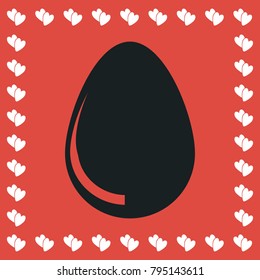 Egg icon flat. Simple black pictogram on red background with white hearts for valentines day. Vector illustration symbol