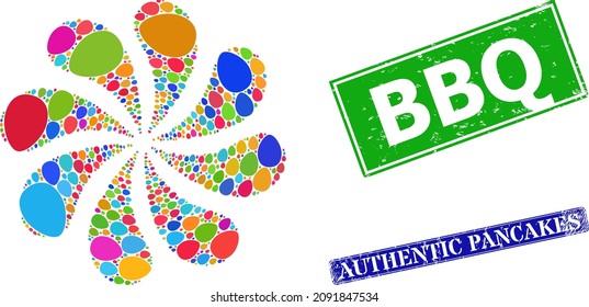 Egg icon multi colored twirl twist flower fireworks shape, and scratched BBQ stamp seal. Blue Authentic Pancakes and green BBQ rectangle grunge seal stamps.