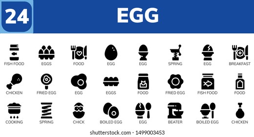 egg icon set. 24 filled egg icons.  Collection Of - Fish food, Eggs, Food, Egg, Spring, Breakfast, Chicken, Fried Cooking, Chick, Boiled Beater