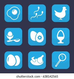 Egg icon. set of 9 filled egg icons such as chicken, search sperm