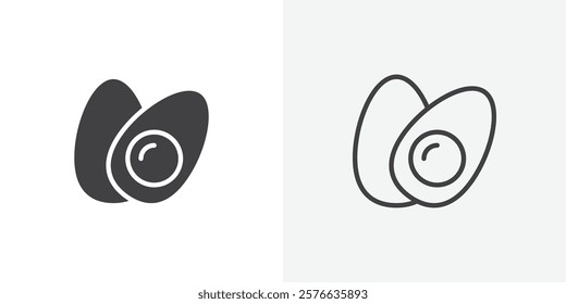 Egg icon set in black flat solid and outlined style.