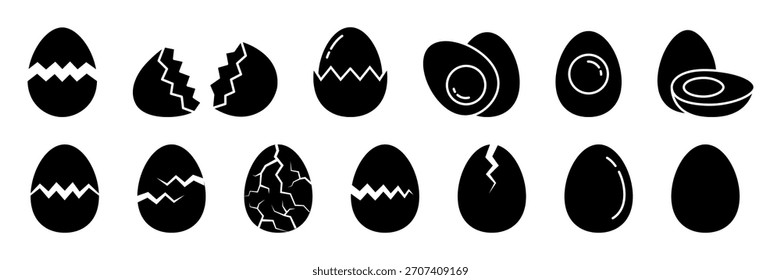 Egg icon set. Broken eggs icons. Cracked eggshell symbols isolated on white background. Happy Easter Day. Fried or boiled half and slices chicken eggs. Allergen free icon label. Vector Illustration.