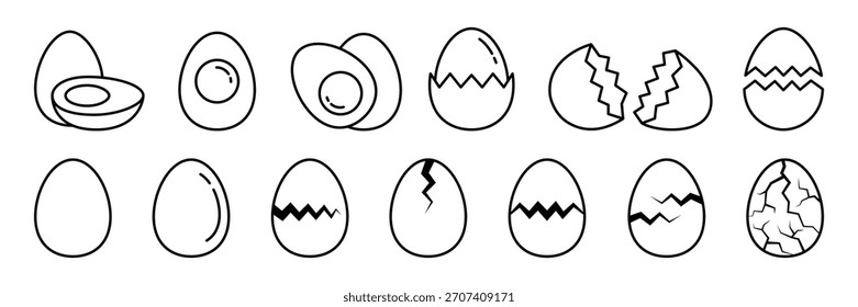 Conjunto de iconos de huevo. Iconos de huevos rotos. Símbolos de cáscara de huevo agrietados aislados sobre fondo blanco. Feliz día de Pascua. Media rebanada de huevos de pollo fritos o hervidos. Etiqueta de icono libre de alérgenos. Ilustración vectorial.