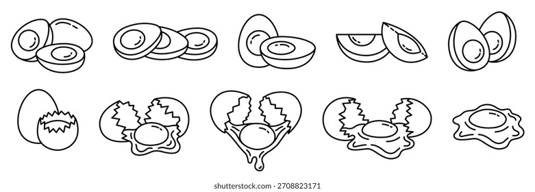 Conjunto de iconos de huevo. Iconos de huevos rotos. Símbolos de cáscara de huevo agrietados aislados sobre fondo blanco. Feliz día de Pascua. Media rebanada de huevos de pollo fritos o hervidos. Etiqueta de icono libre de alérgenos. Ilustración vectorial.