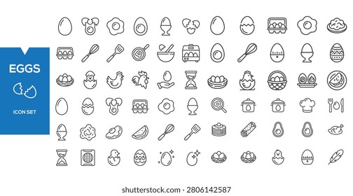 Egg Icon Set: A comprehensive collection of line art icons featuring various representations of eggs, egg dishes, and related kitchen utensils.