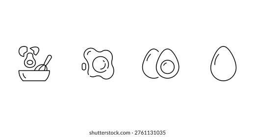 Egg icon set featuring fried egg boiled egg yolk and whisking process in bowl for breakfast cooking and culinary vector.