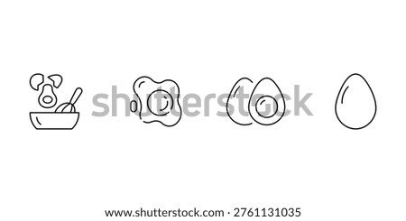 Egg icon set featuring fried egg boiled egg yolk and whisking process in bowl for breakfast cooking and culinary vector.
