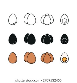 An egg icon set in line glyph color style for breakfast food and cooking ingredient uses.
