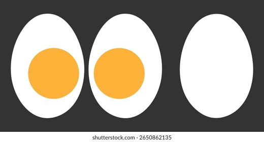 Ícone de ovo vetorial. Ilustração de vetor plano de ovo cozido. Corte de ovo cozido pela metade. fonte de proteína, planejamento de refeições, comida. Ícone de vetor de gema de ovo Ovos cozidos de galinha. Ilustração vetorial.