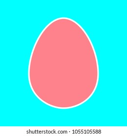 Egg icon. Vector. Magenta icon with white sticker contour at sky blue background. Isolated.