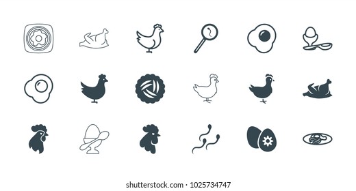 Egg icons. set of 18 editable filled and outline egg icons: chicken, nest, rooster, search sperm