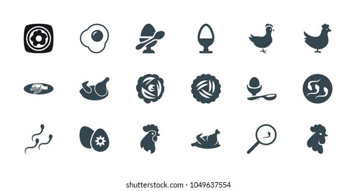 Egg icons. set of 18 editable filled egg icons: chicken, nest, rooster, sperm