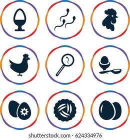 Egg icons set. set of 9 egg filled icons such as chicken, nest, rooster, search sperm