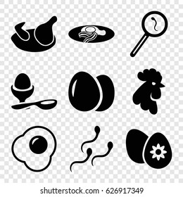 Egg icons set. set of 9 egg filled icons such as chicken, rooster, search sperm