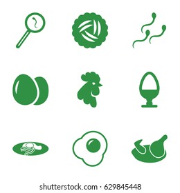 Egg icons set. set of 9 egg filled icons such as nest, chicken, rooster, search sperm