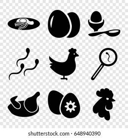 Egg icons set. set of 9 egg filled icons such as chicken, rooster, search sperm