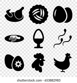 Egg icons set. set of 9 egg filled icons such as chicken, nest, rooster