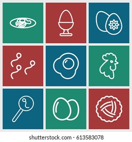 Egg icons set. set of 9 egg outline icons such as rooster, nest, search sperm
