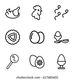 Egg icons set. set of 9 egg outline icons such as rooster, nest, chicken, search sperm