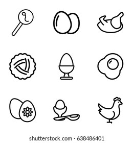 Egg icons set. set of 9 egg outline icons such as chicken, nest