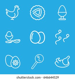 Egg icons set. set of 9 egg outline icons such as chicken, nest, search sperm