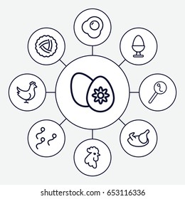 Egg icons set. set of 9 egg outline icons such as rooster, chicken, nest, search sperm