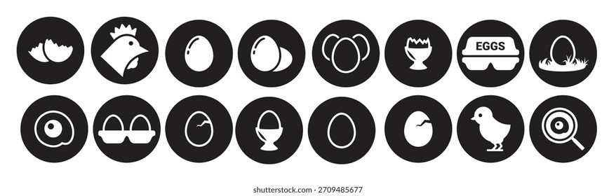 Iconos del huevo fijados en blanco sobre un fondo negro
