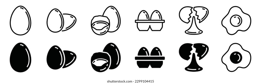 Egg icons vector set in line and flat style with editable stroke. Easter, cooking egg, box, broken, sunny side up, omelet, fried egg symbol. Vector illustration