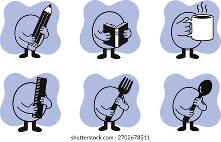 Ei Illustration 2D Flaches Design Niedlich Runde Zeichen Symbole, die Objekte - Bleistift, Buch, Kaffee, Lineal, Gabel, Löffel