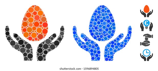 Egg incubator hands composition of small circles in different sizes and color tones, based on egg incubator hands icon. Vector random circles are organized into blue composition.