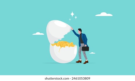 egg investment, investment profit and earning, success retirement planning with dividend or getting return on investment, happy businessman opens egg investment which contains lots of gold coins