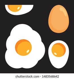 Egg isolated on black background. Set of fried, boiled, half eggs. Eggs in various forms. Egg logo vector design